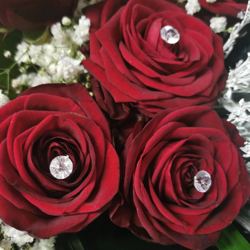 12 Premium Red Roses - Crystals and Feathers