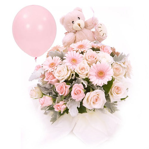 Newborn baby girl - Flower Basket, Soft Toy and Balloon Gift